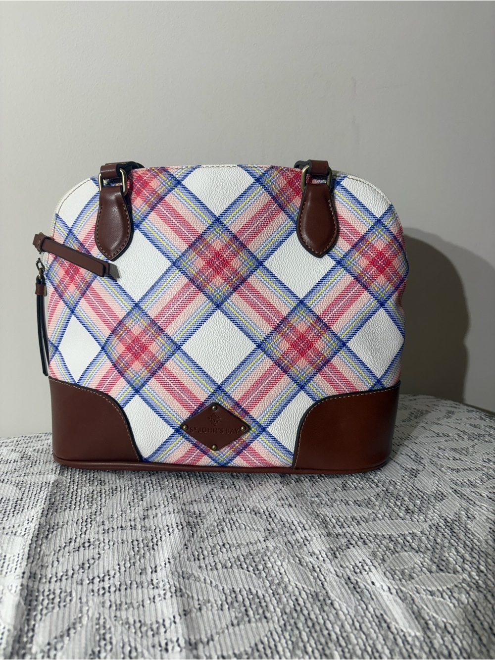 VTG St John Bay White Pink Blue Plaid Leather-Trim Satchel